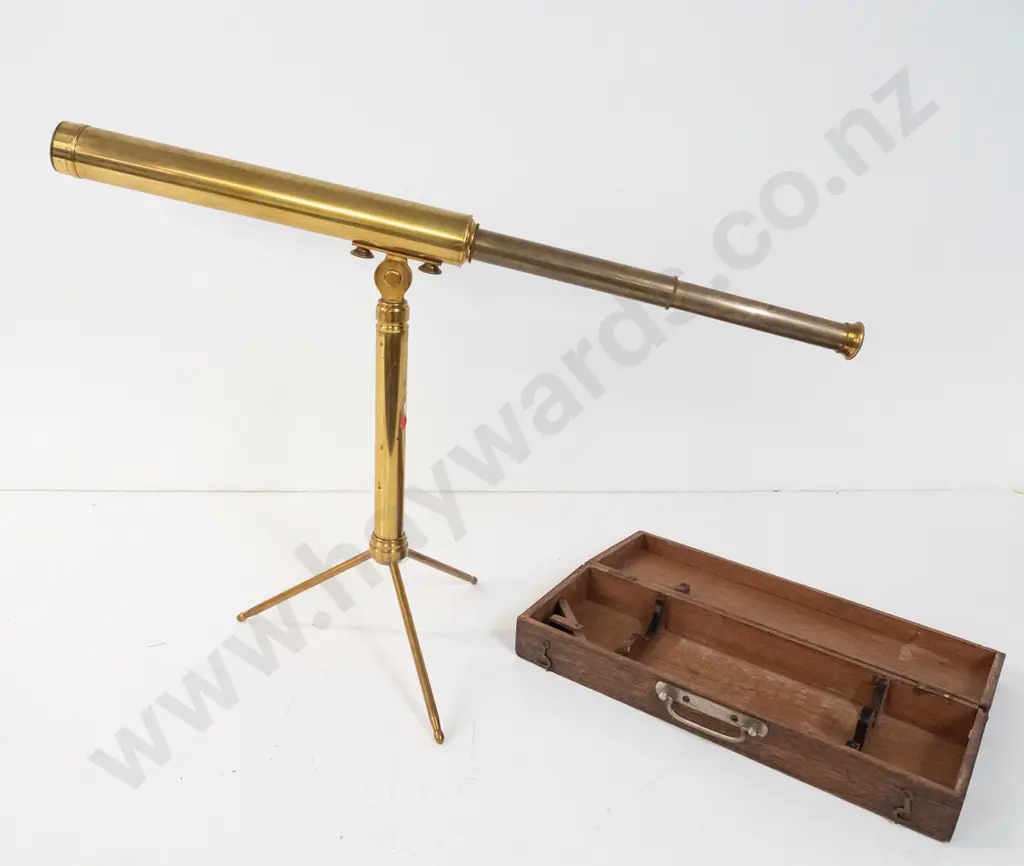 vintage brass telescope marked Dollond London "The Student" and matching tripod stand in fitted oak case. Some damage to Image 1++