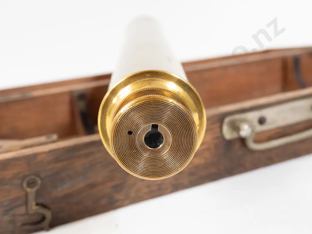 vintage brass telescope marked Dollond London "The Student" and matching tripod stand in fitted oak case. Some damage to Image 1++
