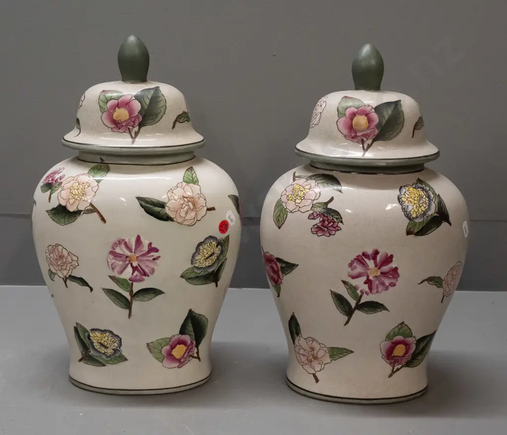 pair of asian oval ginger-jar-style lidded urns with enamel floral decoration H-380 W-220 Image 1++