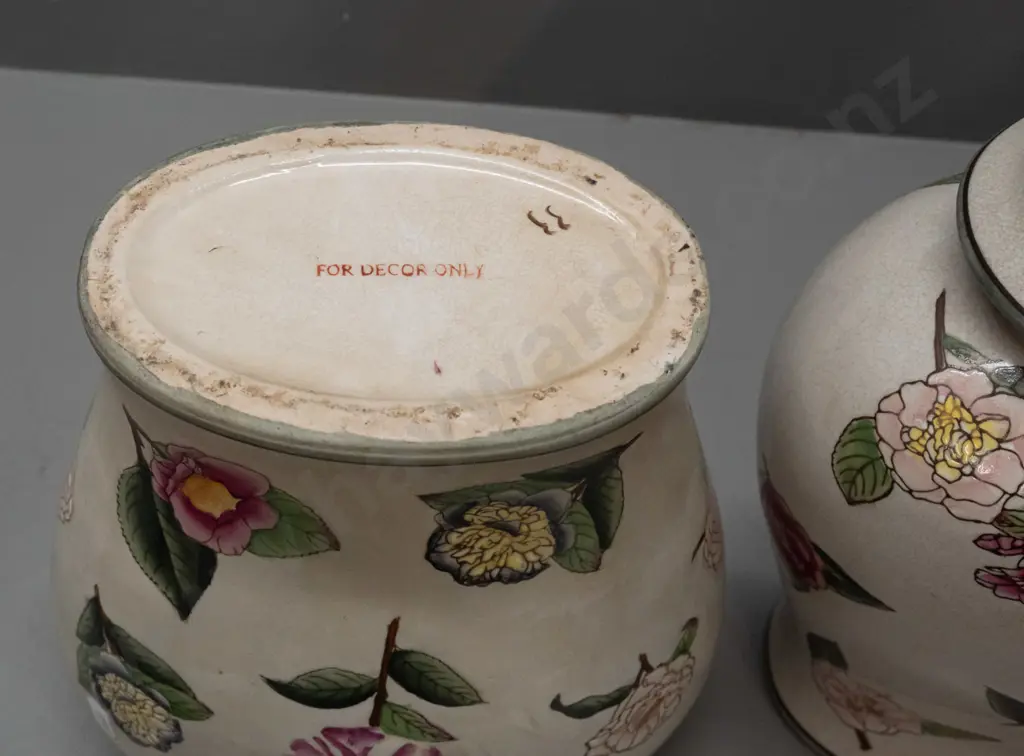 pair of asian oval ginger-jar-style lidded urns with enamel floral decoration H-380 W-220 Image 1++