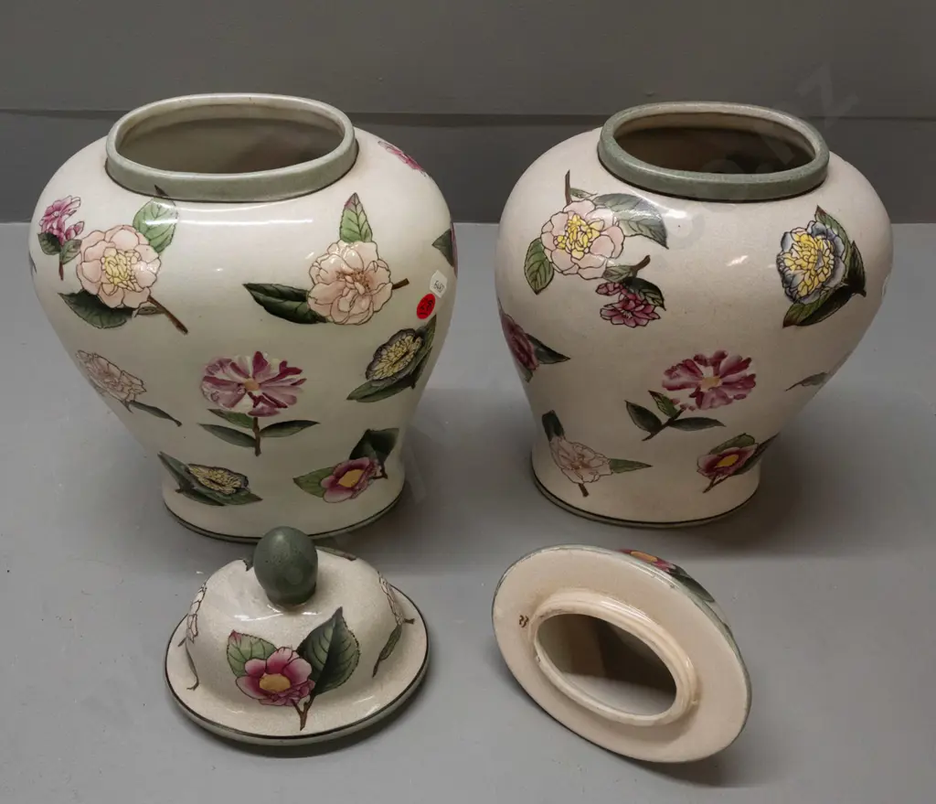 pair of asian oval ginger-jar-style lidded urns with enamel floral decoration H-380 W-220 Image 1++