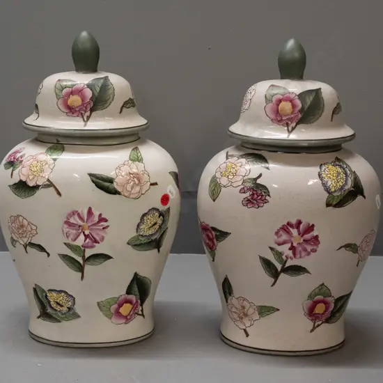 pair of asian oval ginger-jar-style lidded urns with enamel floral decoration H-380 W-220