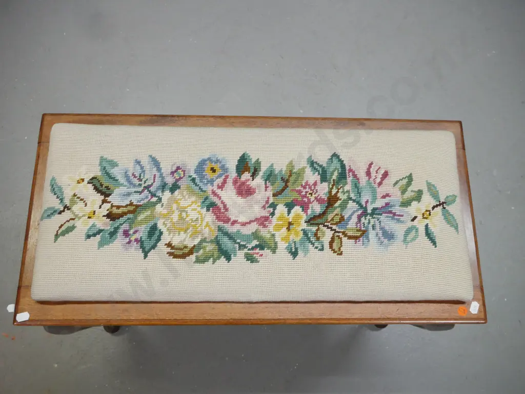 vintage mahogany cab-leg piano stool, shaped sides, floral needlework top H-510 W-680 D-320 Image 1++