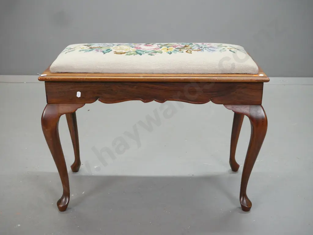 vintage mahogany cab-leg piano stool, shaped sides, floral needlework top H-510 W-680 D-320 Image 1++