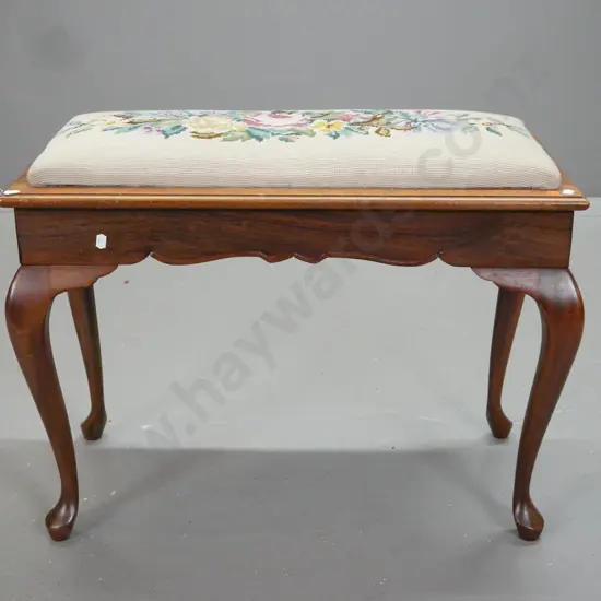 vintage mahogany cab-leg piano stool, shaped sides, floral needlework top H-510 W-680 D-320