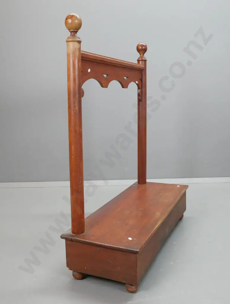 colonial cedar and rimu stand with 2 turned supports on box platform base, shaped pierced gallery or back board - wear Image 1++