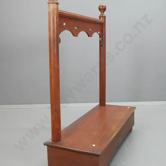 colonial cedar and rimu stand with 2 turned supports on box platform base, shaped pierced gallery or back board - wear