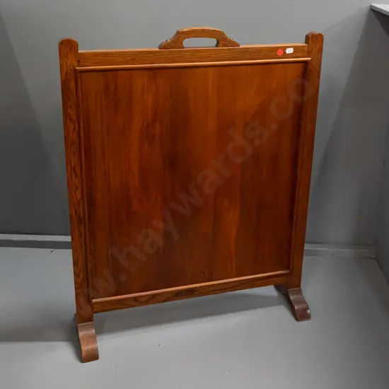 vintage oak and rimu fire screen - one side covered in vinyl with tape residue H-735 W-580
