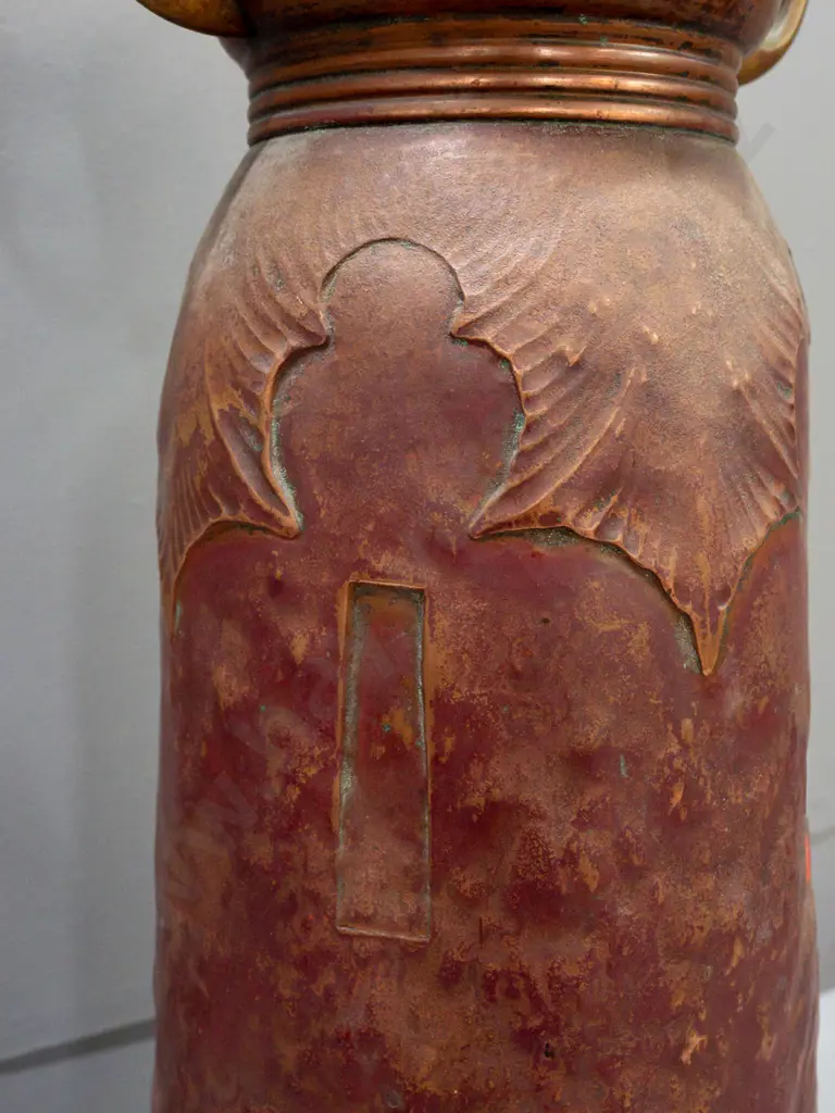 arts & crafts style copper tall floor vase or stick stand with brass feet and handles - some dents, rubbing to finish & Image 1++