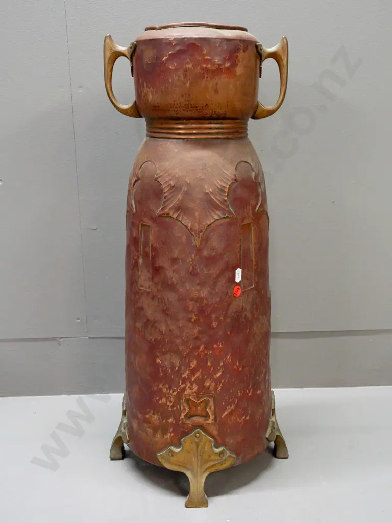 arts & crafts style copper tall floor vase or stick stand with brass feet and handles - some dents, rubbing to finish & Image 1++