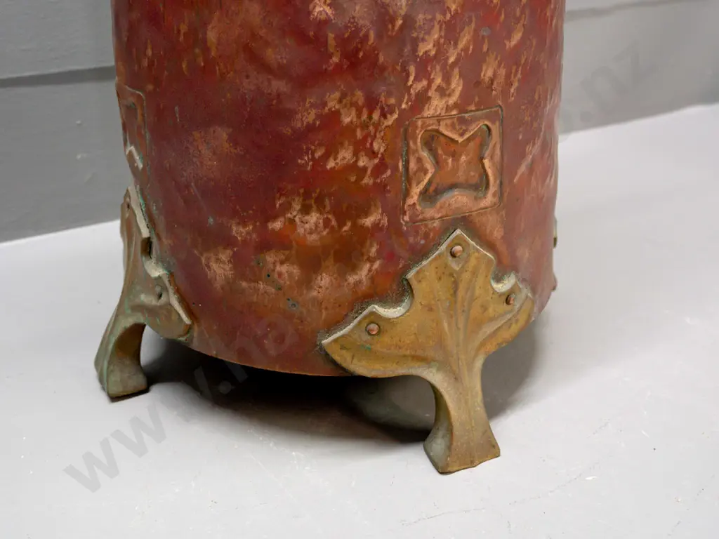 arts & crafts style copper tall floor vase or stick stand with brass feet and handles - some dents, rubbing to finish & Image 1++