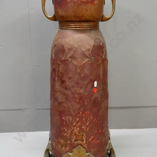 arts & crafts style copper tall floor vase or stick stand with brass feet and handles - some dents, rubbing to finish &