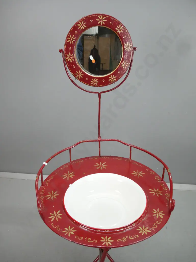 French style tole ware wash stand with red and gold hand painted wrought metal frame, loose inset enamel basin, Image 1++