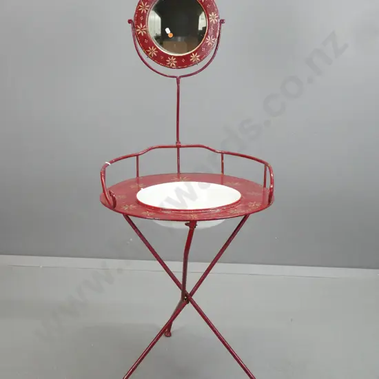 French style tole ware wash stand with red and gold hand painted wrought metal frame, loose inset enamel basin,