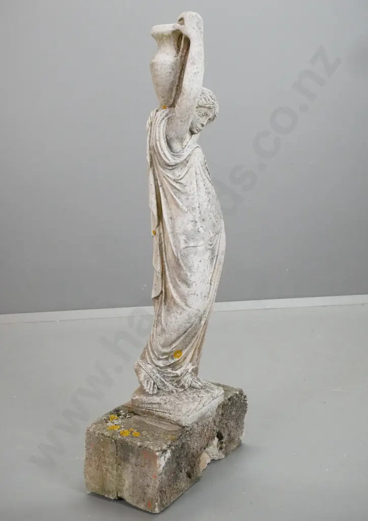cast concrete classical water carrier garden figure - repaired break to feet area, chip out of base H-1070 W-400 D-220 Image 1++