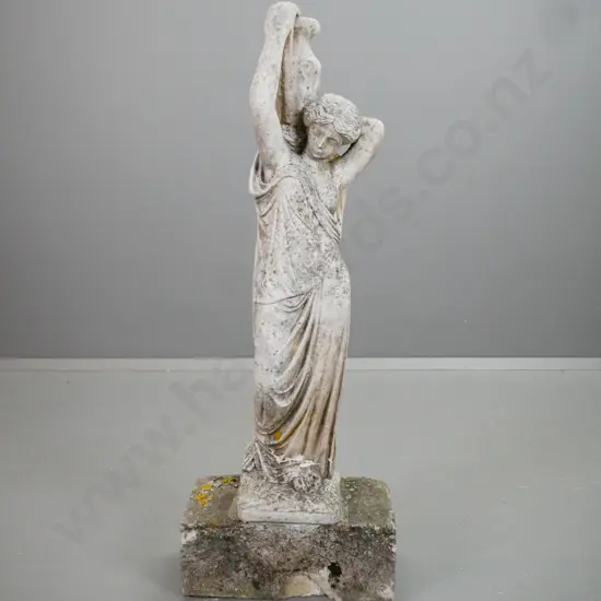 cast concrete classical water carrier garden figure - repaired break to feet area, chip out of base H-1070 W-400 D-220