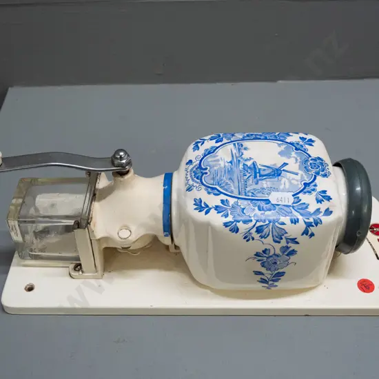 retro Delft style blue and white wall mount coffee grinder with De Ve Holland transfer H-340 W-130