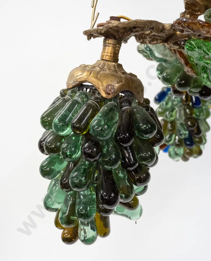 very heavy (Italian?) cast brass and glass hanging light with clusters of blue and green grape bunch motif beads and Image 1++