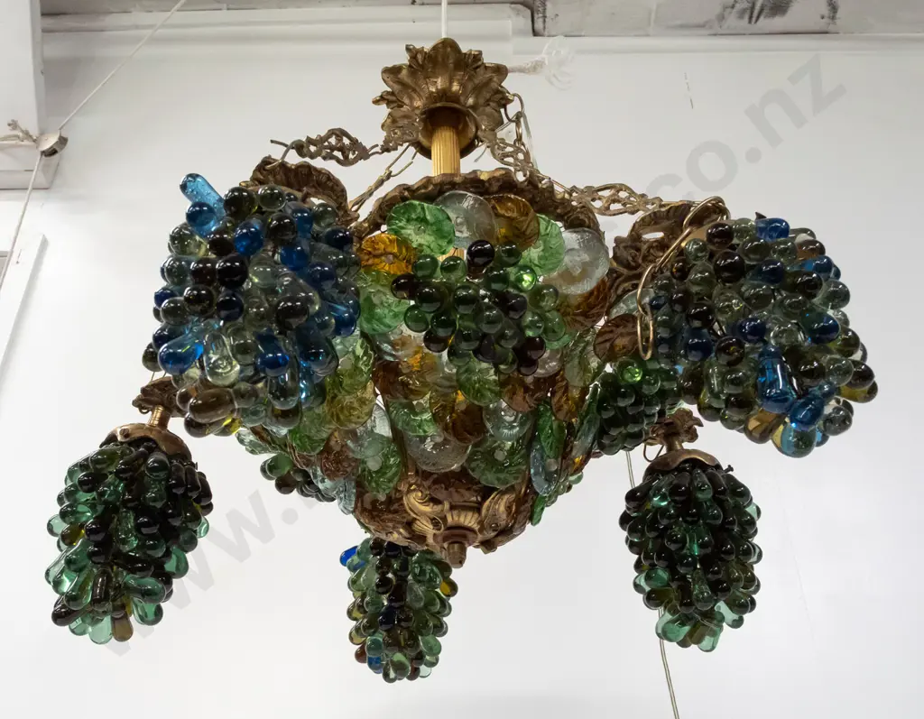 very heavy (Italian?) cast brass and glass hanging light with clusters of blue and green grape bunch motif beads and Image 1++