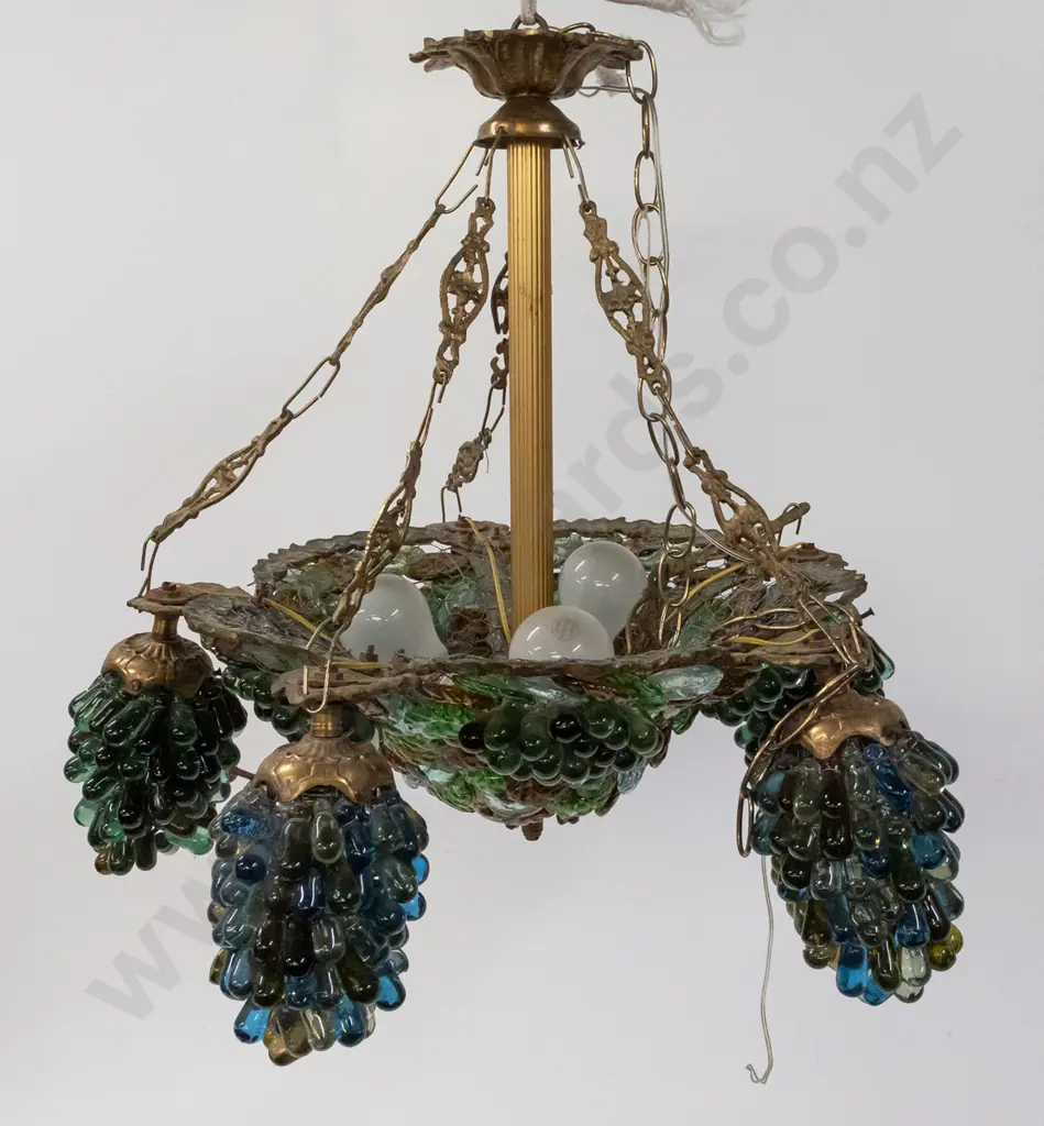 very heavy (Italian?) cast brass and glass hanging light with clusters of blue and green grape bunch motif beads and Image 1++