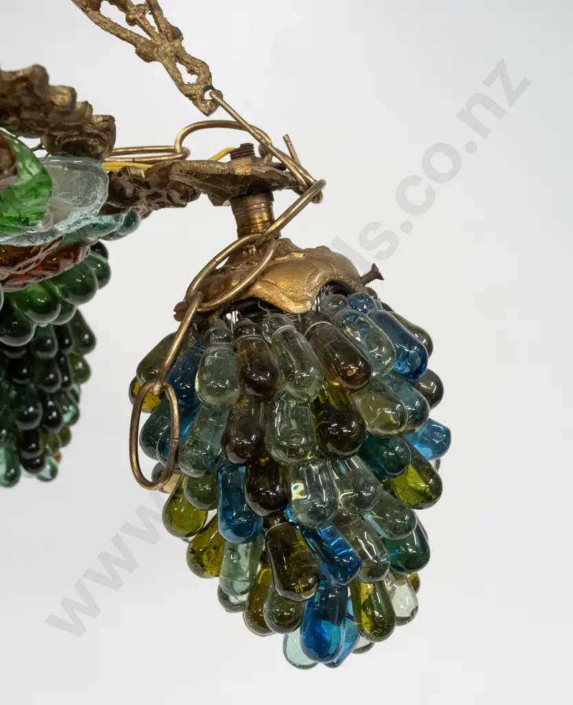 very heavy (Italian?) cast brass and glass hanging light with clusters of blue and green grape bunch motif beads and Image 1++