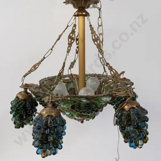 very heavy (Italian?) cast brass and glass hanging light with clusters of blue and green grape bunch motif beads and