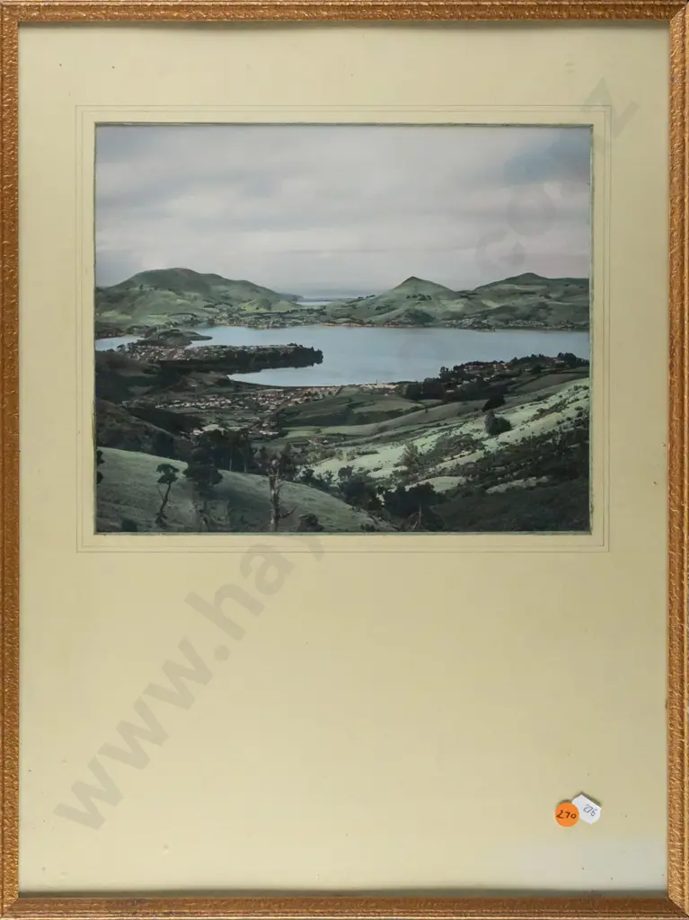 framed hand coloured photograph, Otago Harbour and Harbour Cone, H-230 W-280 [some foxing and dirt under glass][ Image 1++