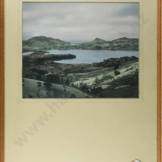 framed hand coloured photograph, Otago Harbour and Harbour Cone, H-230 W-280 [some foxing and dirt under glass][