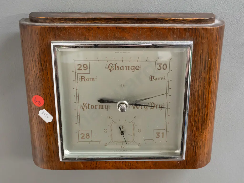 deco style oak cased wall barometer, marked Made in England, with bevelled glass H-200 W-230 Image 1++