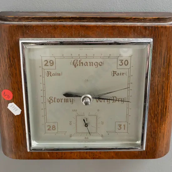 deco style oak cased wall barometer, marked Made in England, with bevelled glass H-200 W-230