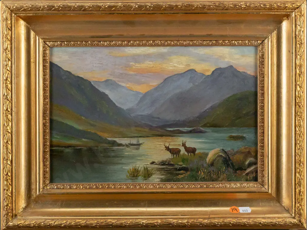 gilt framed oil on board - deer by lake H190 W285 Image 1++