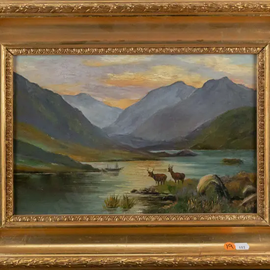 gilt framed oil on board - deer by lake H190 W285