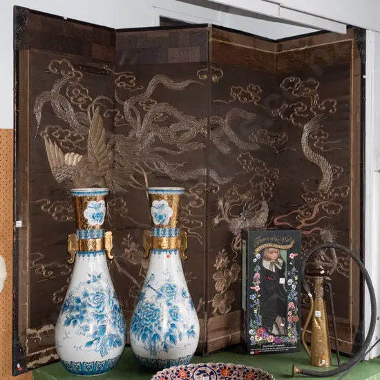 vintage Japanese 4-fold screen with coloured woven wire and textile on fabric panels - dragon and phoenix motifs,