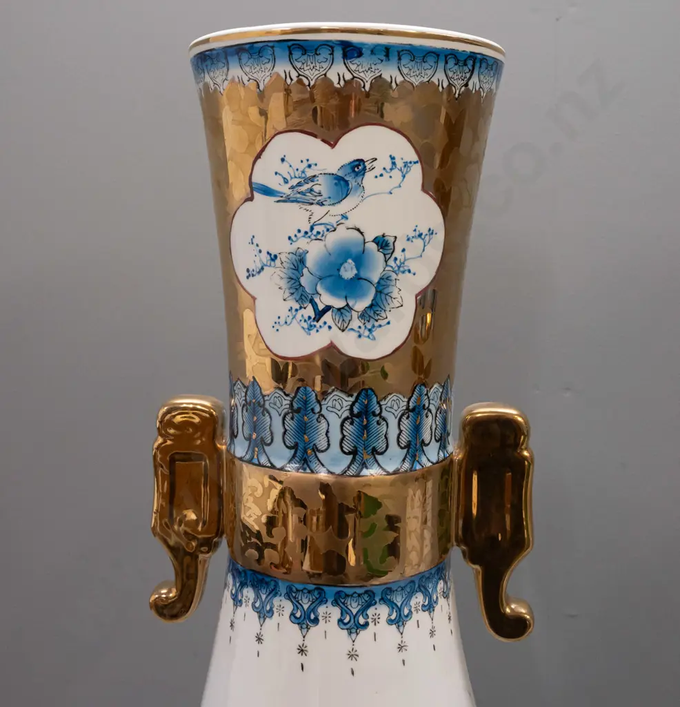 pair of large Chinese blue and white floor vases - floral and bird panels raised gilt edging, gilt hand and lug handles Image 1++