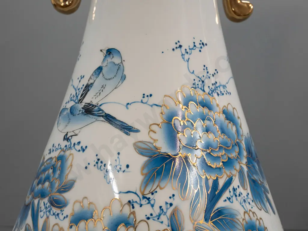 pair of large Chinese blue and white floor vases - floral and bird panels raised gilt edging, gilt hand and lug handles Image 1++