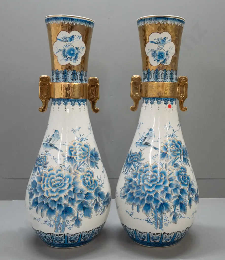 pair of large Chinese blue and white floor vases - floral and bird panels raised gilt edging, gilt hand and lug handles Image 1++