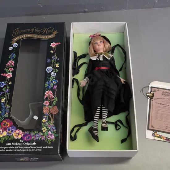 Jan Mclean 1996 limited edition Flowers of the Heart doll with certificate - #223 of 500, in original box. Doll is H-440