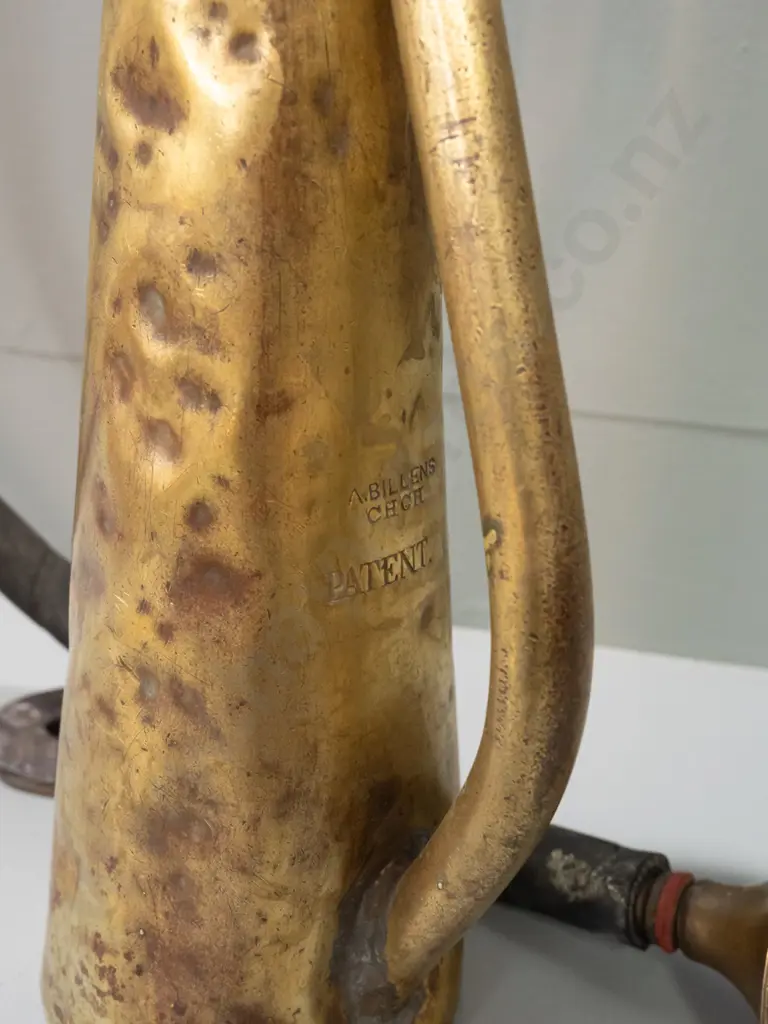 vintage brass Billens Christchurch garden spray / fumigator with added bracket welded on side, with rubber hose, timber Image 1++