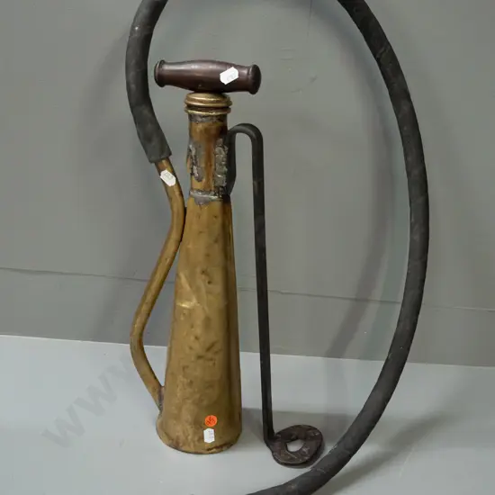 vintage brass Billens Christchurch garden spray / fumigator with added bracket welded on side, with rubber hose, timber