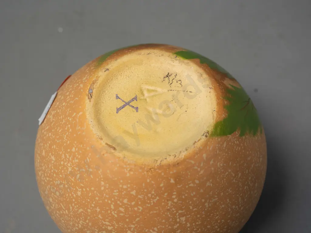 art deco matte speckle floral motif (Crown Lynn?) vase marked "42." and an 'X' on base. H-90 D-120 Image 1++