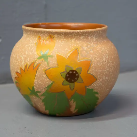 art deco matte speckle floral motif (Crown Lynn?) vase marked "42." and an 'X' on base. H-90 D-120