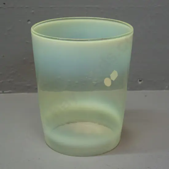 nouveau style vaseline / uranium glass cylindrical lantern or light shade, slightly tapered, moderate glow under UV