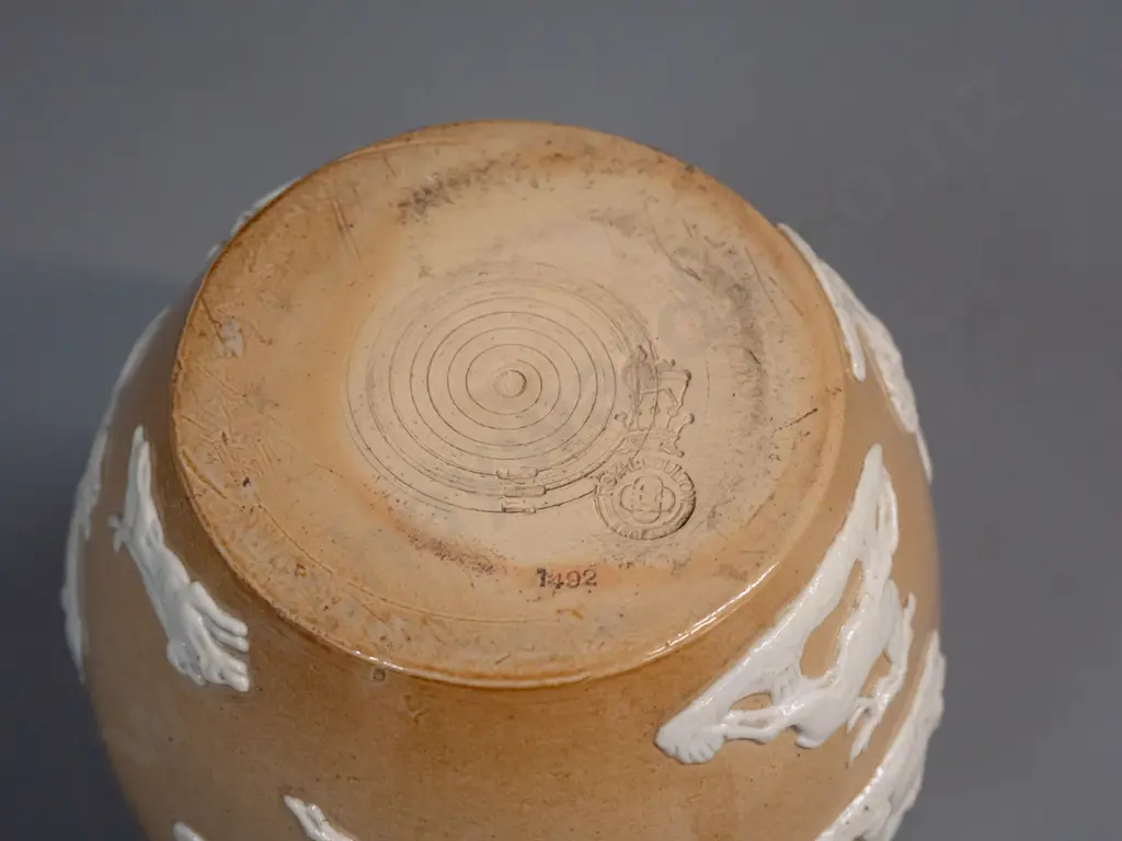 vintage Royal Doulton Lambeth jug with applied hunting scene decoration - marked 1492 on base. H-170 Image 1++