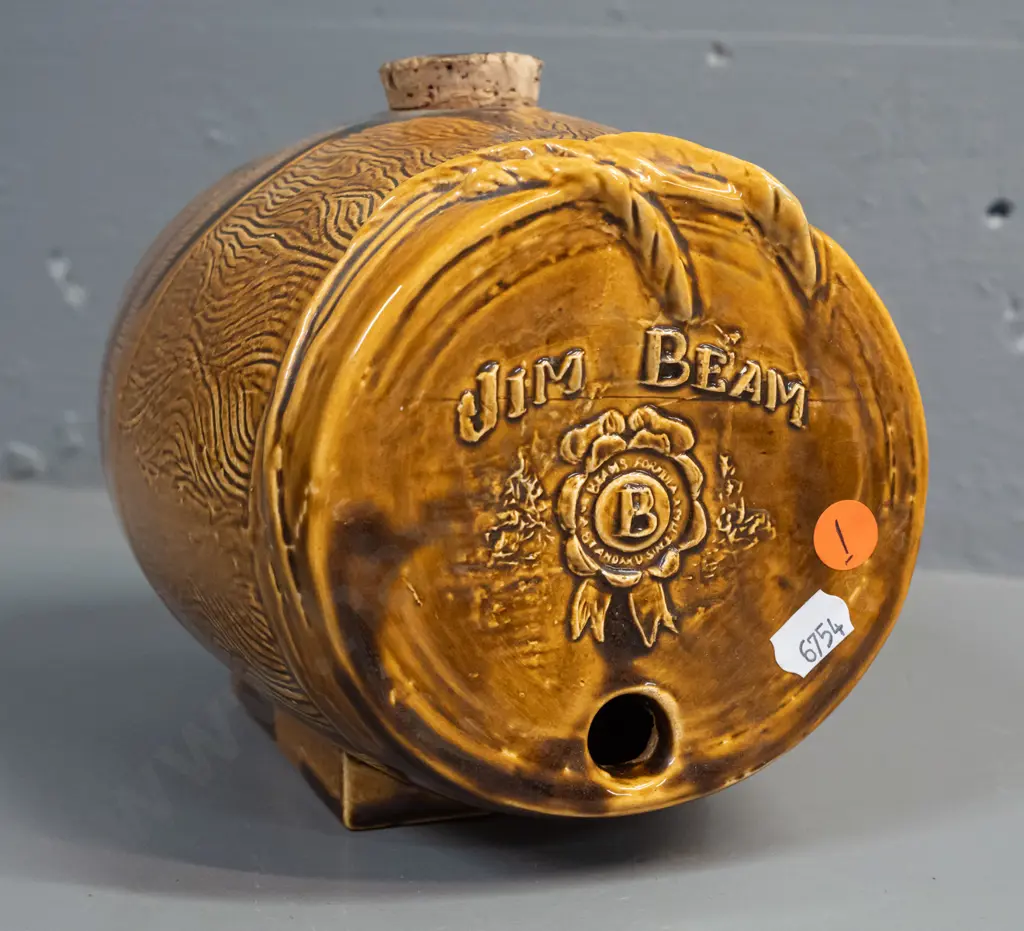 ceramic barrel shaped keg with wooden spigot - marked Jim Beam, Castle Pottery, Kiwi Down Under Jim Beam Bottle Club - Image 1++