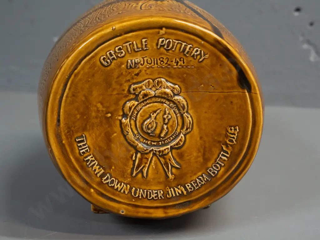 ceramic barrel shaped keg with wooden spigot - marked Jim Beam, Castle Pottery, Kiwi Down Under Jim Beam Bottle Club - Image 1++