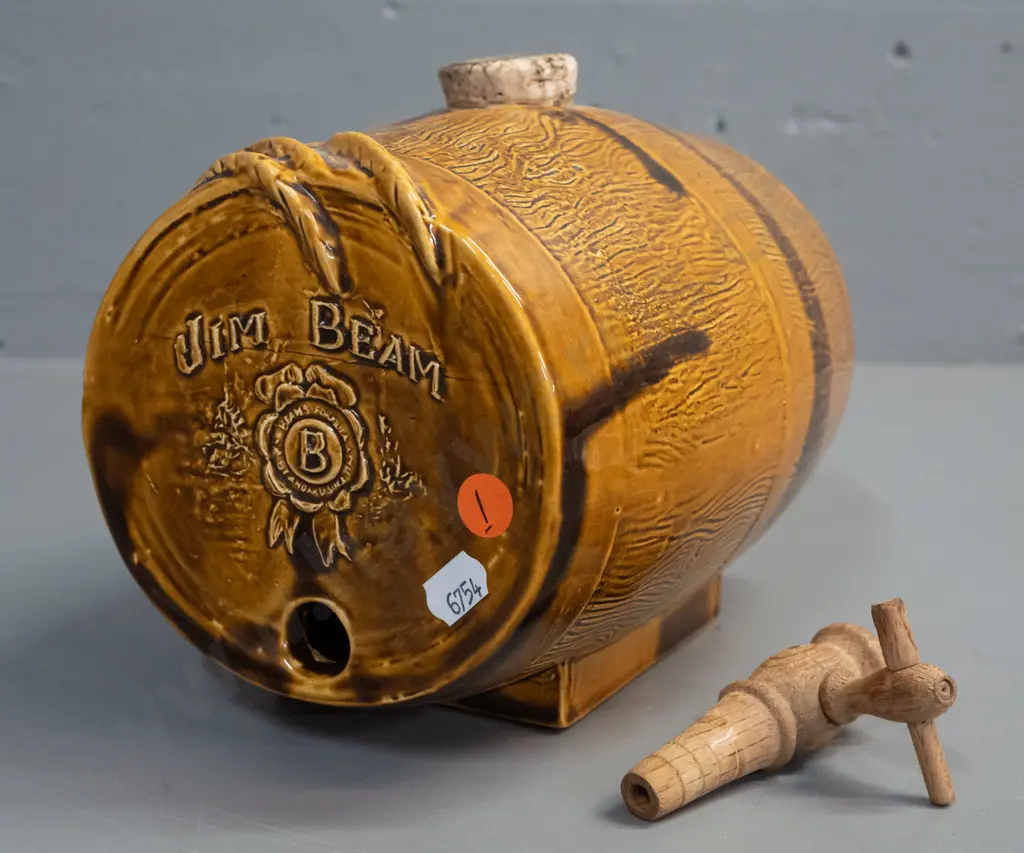 ceramic barrel shaped keg with wooden spigot - marked Jim Beam, Castle Pottery, Kiwi Down Under Jim Beam Bottle Club - Image 1++