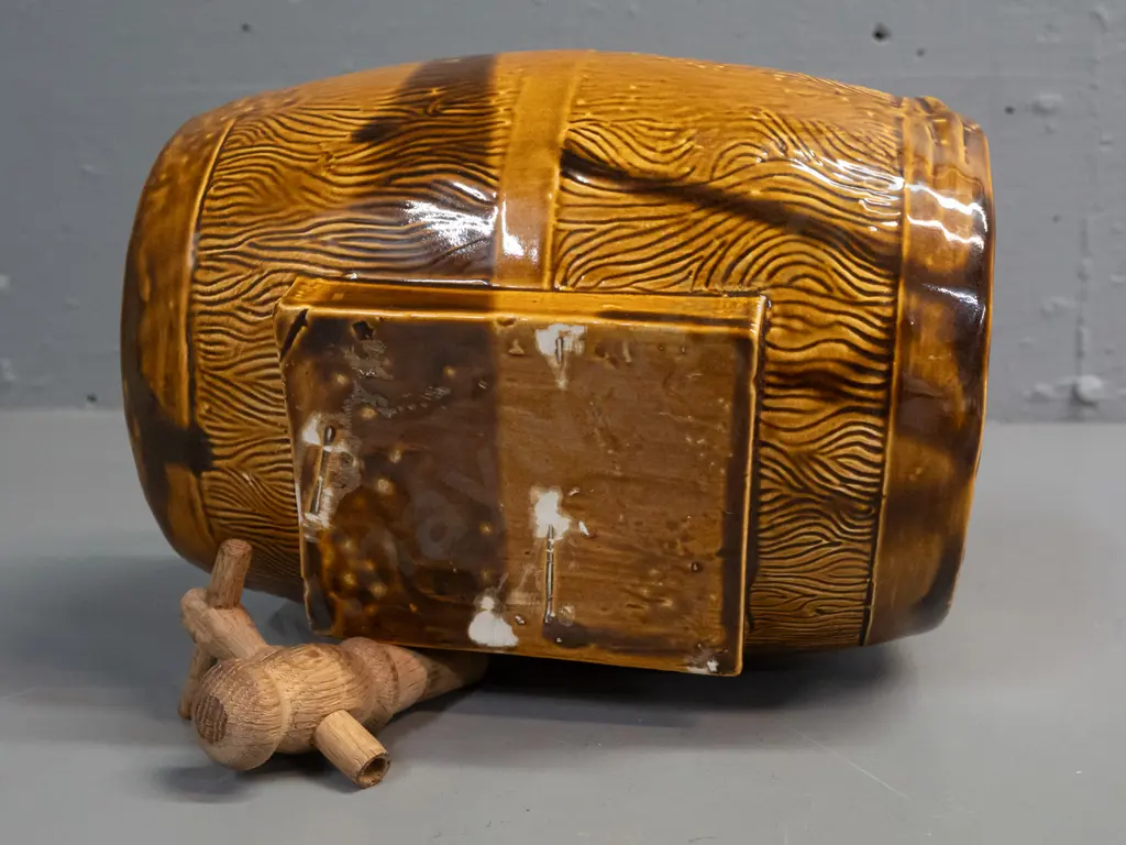 ceramic barrel shaped keg with wooden spigot - marked Jim Beam, Castle Pottery, Kiwi Down Under Jim Beam Bottle Club - Image 1++