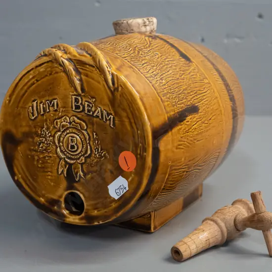 ceramic barrel shaped keg with wooden spigot - marked Jim Beam, Castle Pottery, Kiwi Down Under Jim Beam Bottle Club -