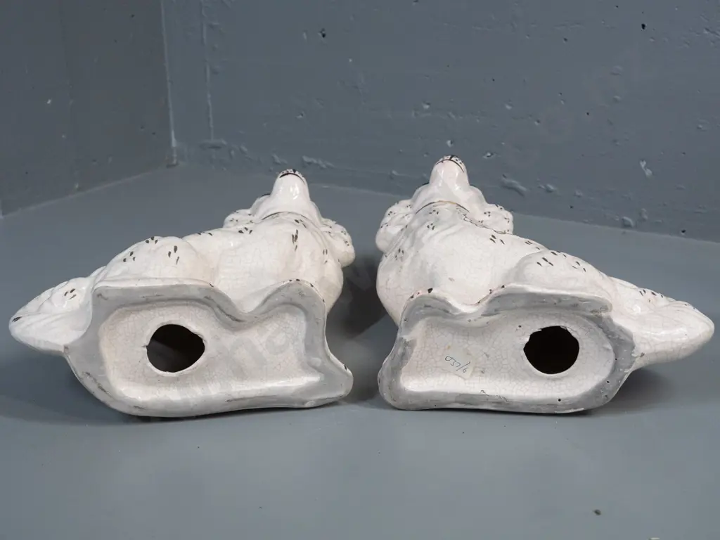 pair of Staffordshire style dog figures with craze-effect glaze, hand painted & gilt decoration - some marks and sticker Image 1++