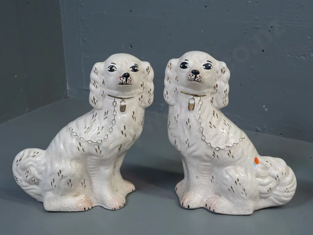 pair of Staffordshire style dog figures with craze-effect glaze, hand painted & gilt decoration - some marks and sticker Image 1++